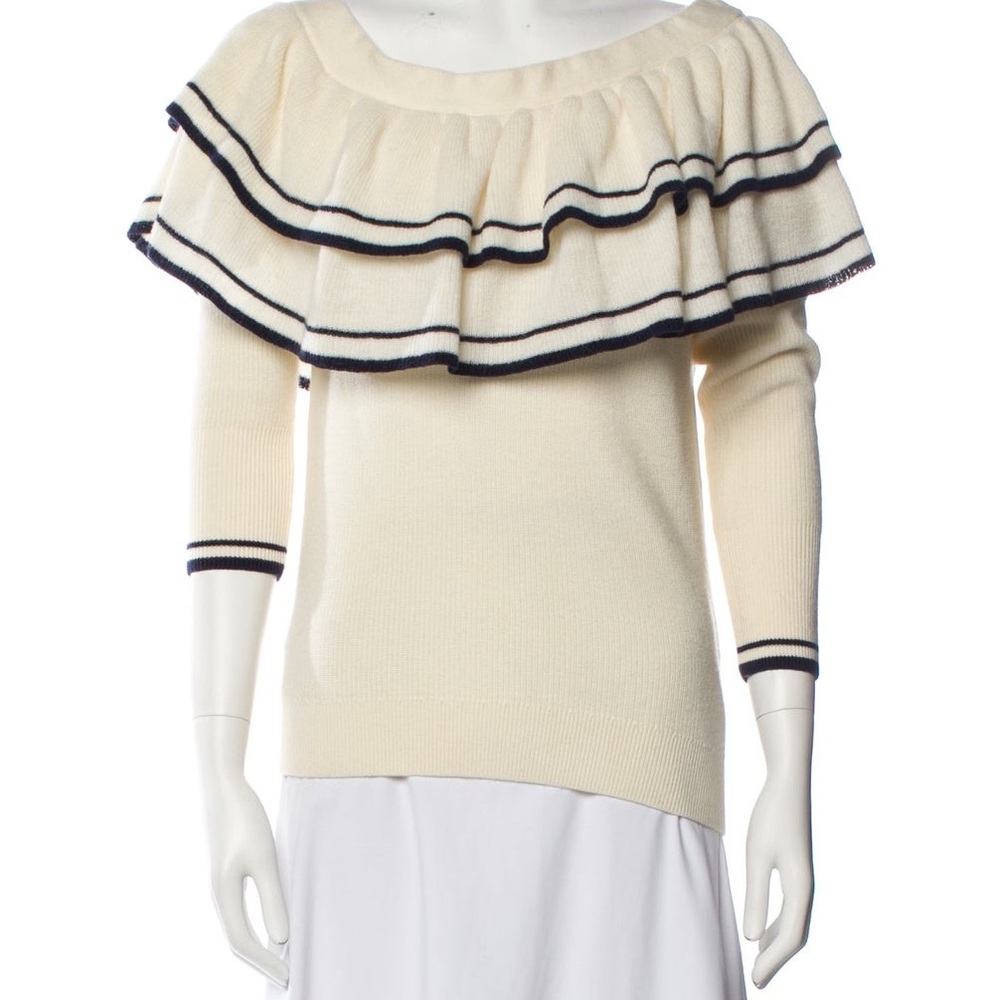 Frame Denim Cream and Black Off-the-Shoulder Sweater